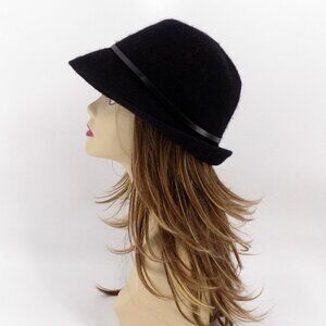 August Hat Company Melton Cloche Hat Wool Blend Black and Faux Leather Trim